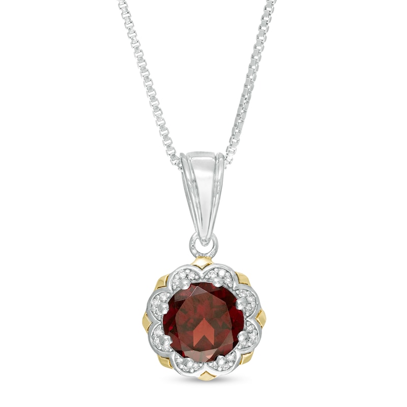 8.0mm Garnet and 1/20 CT. T.W. Diamond Scallop Frame Pendant in Sterling Silver and 14K Gold