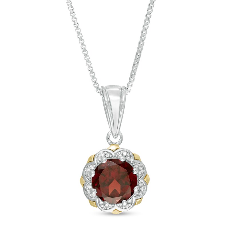 Main Image 1 of 8.0mm Garnet and 1/20 CT. T.W. Diamond Scallop Frame Pendant in Sterling Silver and 14K Gold