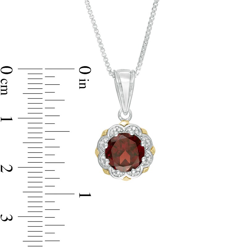 Main Image 3 of 8.0mm Garnet and 1/20 CT. T.W. Diamond Scallop Frame Pendant in Sterling Silver and 14K Gold