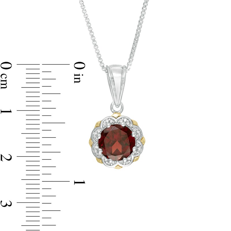 8.0mm Garnet and 1/20 CT. T.W. Diamond Scallop Frame Pendant in Sterling Silver and 14K Gold