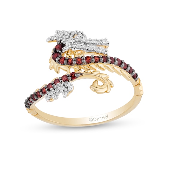 Enchanted Disney Mulan Garnet and 1/15 CT. T.w. Diamond Mushu Dragon Ring in 10K Gold - Size 7