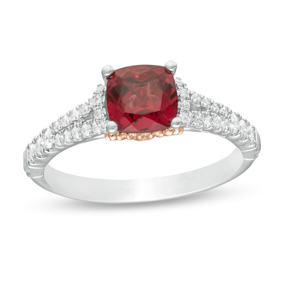 Enchanted Disney Mulan 6.0mm Cushion-Cut Rhodolite Garnet and 1/4 CT. T.w. Diamond Engagement Ring in 14K Two-Tone Gold