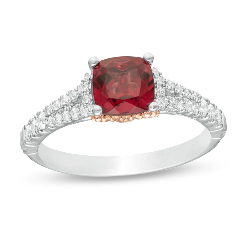 Enchanted Disney Mulan 6.0mm Cushion-Cut Rhodolite Garnet and 1/4 CT. T.W. Diamond Engagement Ring in 14K Two-Tone Gold