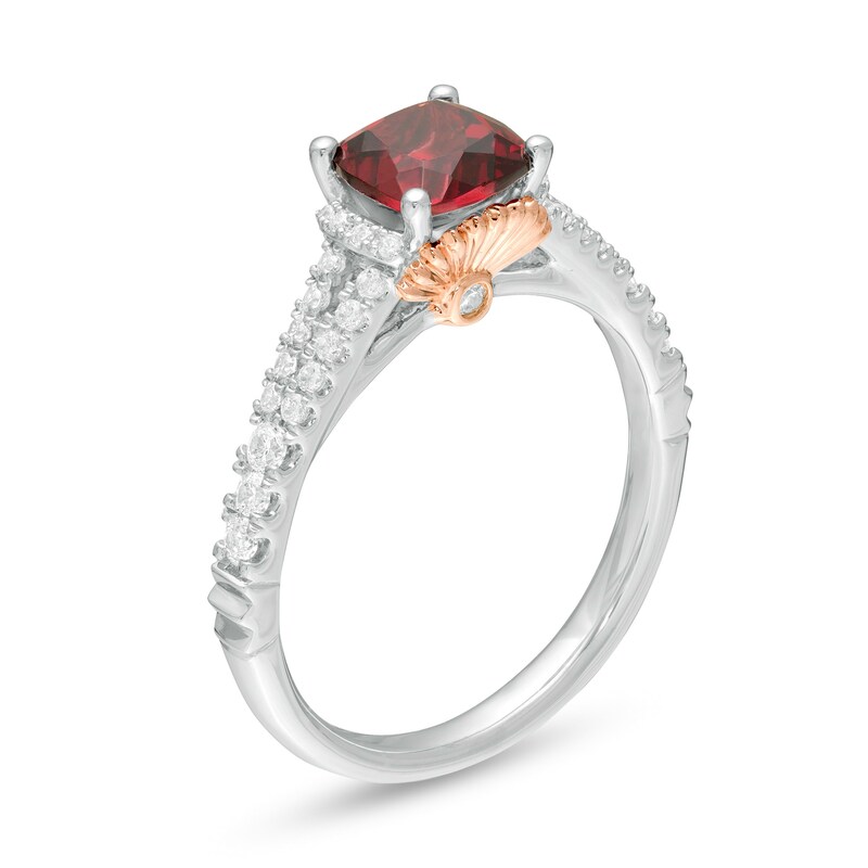 Main Image 2 of Enchanted Disney Mulan 6.0mm Cushion-Cut Rhodolite Garnet and 1/4 CT. T.W. Diamond Engagement Ring in 14K Two-Tone Gold