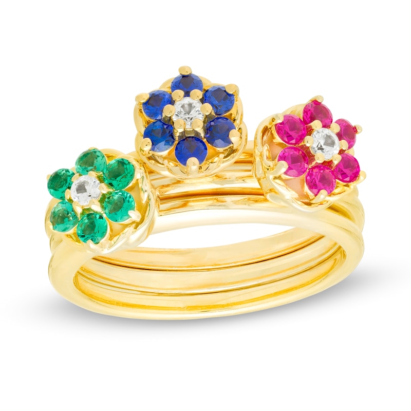 Lab-Created Sapphire, Ruby and Emerald Flower Stack Ring Set in Sterling Silver with 18K Gold Plate