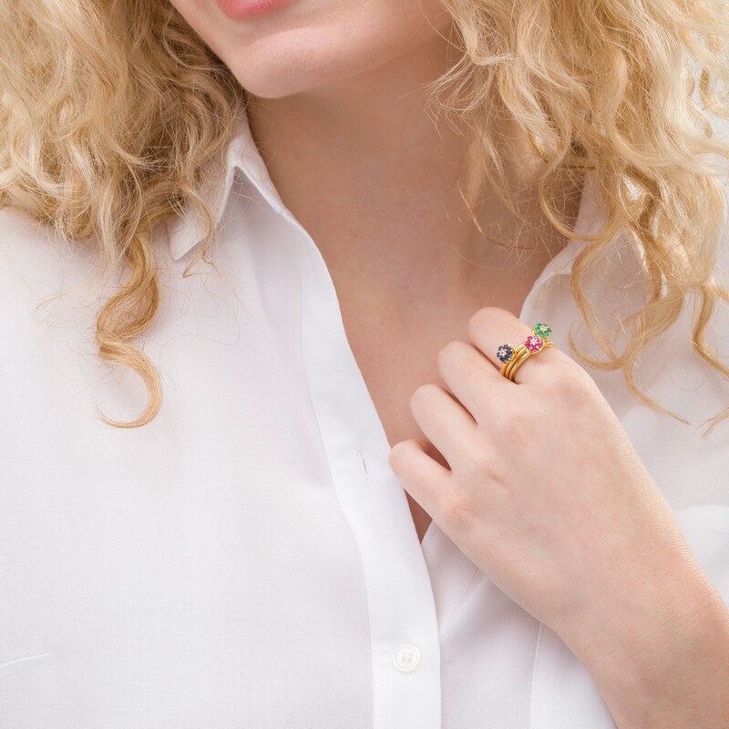 Lab-Created Sapphire, Ruby and Emerald Flower Stack Ring Set in Sterling Silver with 18K Gold Plate