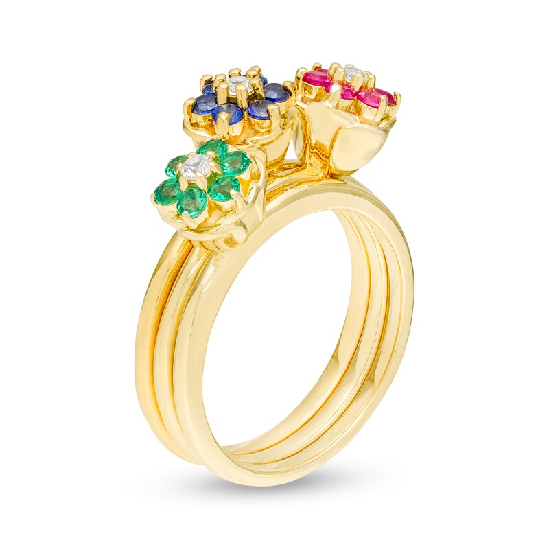 Main Image 3 of Lab-Created Sapphire, Ruby and Emerald Flower Stack Ring Set in Sterling Silver with 18K Gold Plate