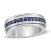 Thumbnail Image 1 of Triton Blue Sapphire Bevelled Edge Wedding Band in Tungsten and Sterling Silver - Size 10