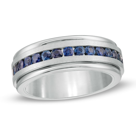 Triton Men's Blue Sapphire Bevelled Edge Wedding Band in Tungsten and Sterling Silver - Size 10