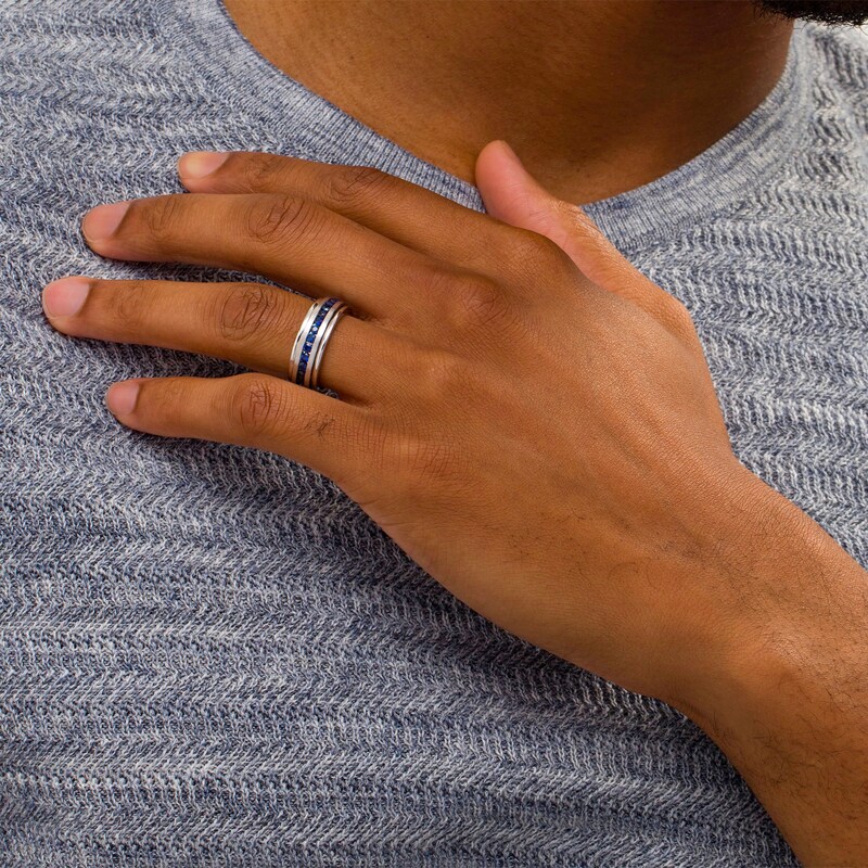 Main Image 2 of Triton Blue Sapphire Bevelled Edge Wedding Band in Tungsten and Sterling Silver - Size 10