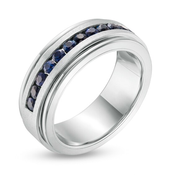 Triton Men's Blue Sapphire Bevelled Edge Wedding Band in Tungsten and Sterling Silver - Size 10