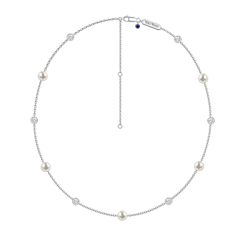 Main Image 1 of Vera Wang Love Collection 6.0mm Freshwater Cultured Pearl and White Topaz Station Necklace in Sterling Silver