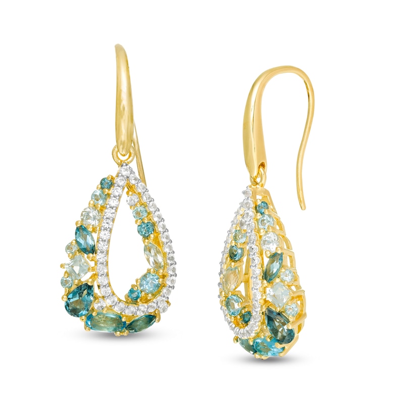 Main Image 1 of Multi-Shaped Blue Topaz and Lab-Created White Sapphire Open Teardrop Earrings in Sterling Silver with 18K Gold Plate