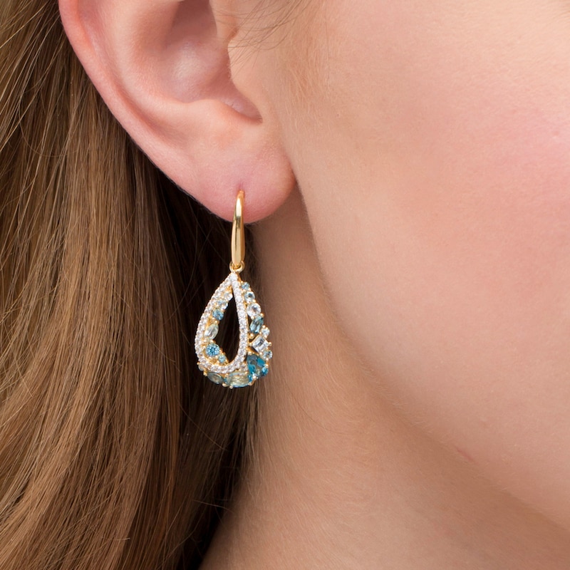 Main Image 2 of Multi-Shaped Blue Topaz and Lab-Created White Sapphire Open Teardrop Earrings in Sterling Silver with 18K Gold Plate