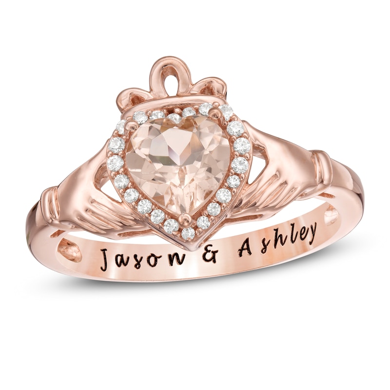6.0mm Heart-Shaped Morganite and 1/10 CT. T.W. Diamond Frame Engravable Claddagh Promise Ring in 10K Rose Gold (1 Line)