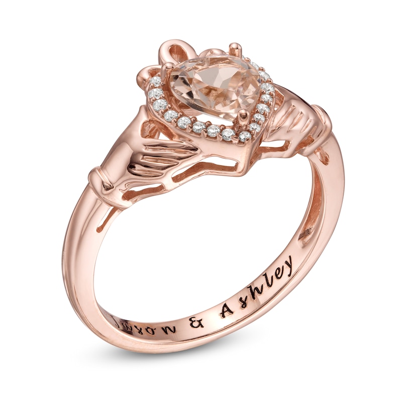 6.0mm Heart-Shaped Morganite and 1/10 CT. T.W. Diamond Frame Engravable Claddagh Promise Ring in 10K Rose Gold (1 Line)