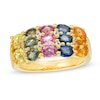 Thumbnail Image 0 of Sideways Oval Multi-Color Sapphire and White Topaz Triple Row Ring in Sterling Silver with 14K Gold Plate