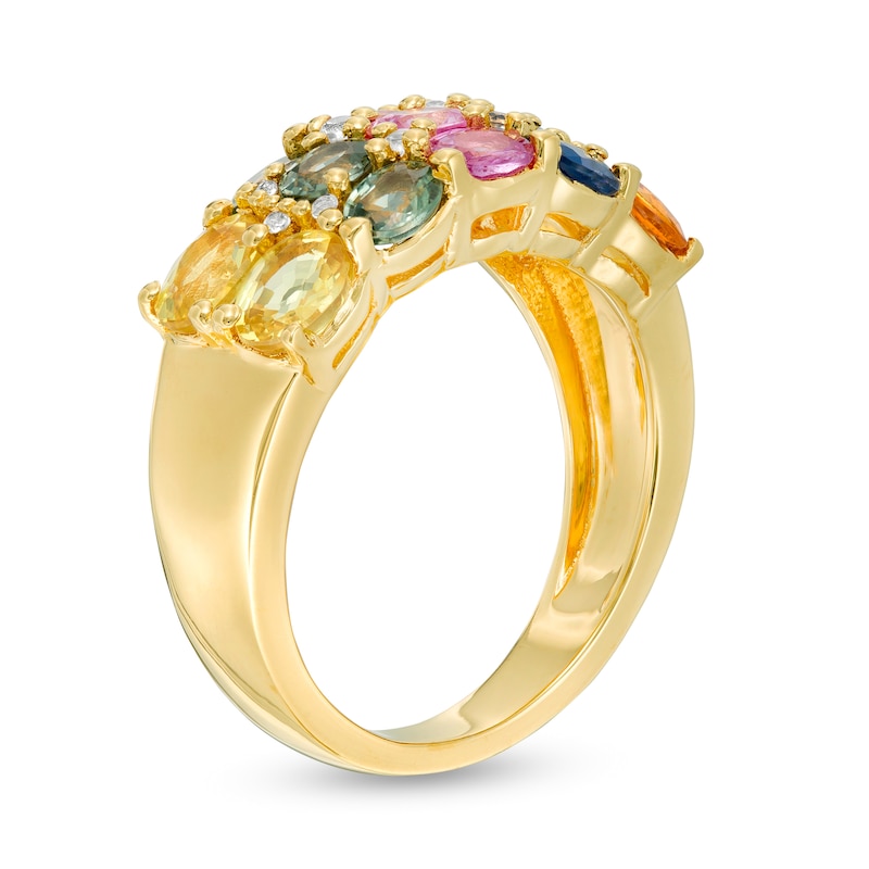 Main Image 3 of Sideways Oval Multi-Color Sapphire and White Topaz Triple Row Ring in Sterling Silver with 14K Gold Plate
