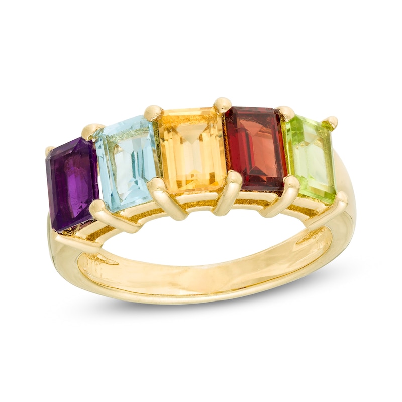 Octagonal Multi-Gemstone Five Stone Ring in Sterling Silver with 14K Gold Plate