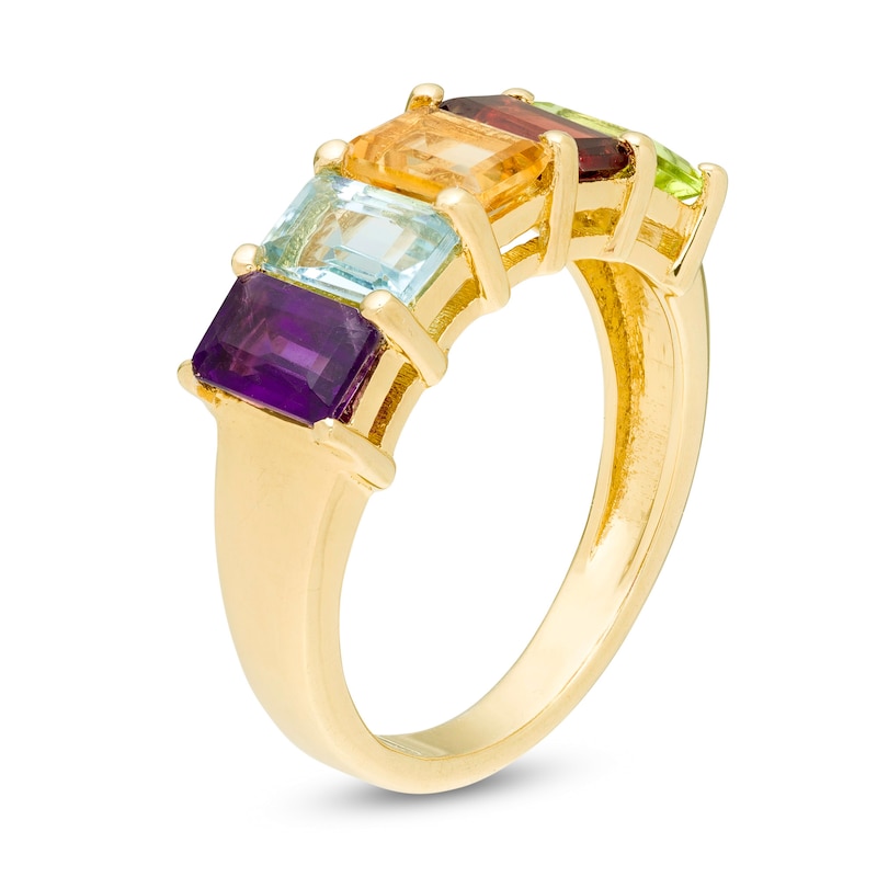 Octagonal Multi-Gemstone Five Stone Ring in Sterling Silver with 14K Gold Plate