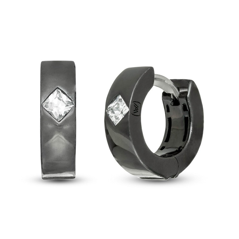Main Image 1 of Vera Wang Men 1/3 CT. T.W. Square-Cut Diamond Solitaire Huggie Hoop Earrings in Sterling Silver with Black Rhodium
