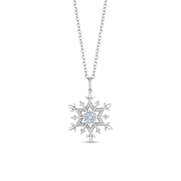 Enchanted Disney Elsa 4.0mm Aquamarine and 1/6 CT. T.W. Diamond Snowflake Pendant in Sterling Silver - 19&quot;