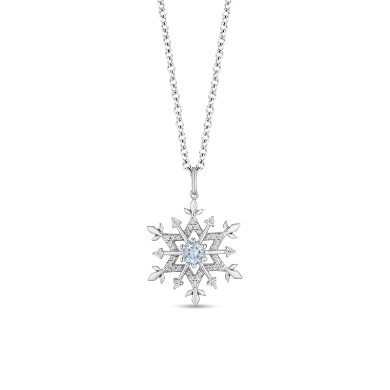 Enchanted Disney Elsa 4.0mm Aquamarine and 1/6 CT. T.W. Diamond Snowflake Pendant in Sterling Silver - 19"