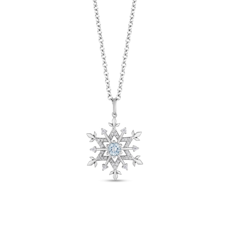 Main Image 1 of Enchanted Disney Elsa 4.0mm Aquamarine and 1/6 CT. T.W. Diamond Snowflake Pendant in Sterling Silver - 19"