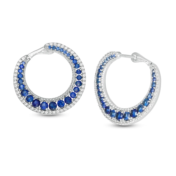 Lab-Created Blue and White Sapphire Graduated Double Row Curved Hoop Earrings in Sterling Silver