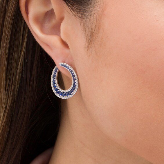 Lab-Created Blue and White Sapphire Graduated Double Row Curved Hoop Earrings in Sterling Silver