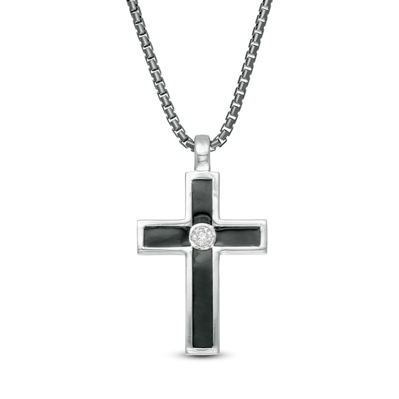 Vera Wang Men 1/6 CT. Diamond Solitaire Black Enamel Cross Pendant in Sterling Silver with Black Rhodium - 22"