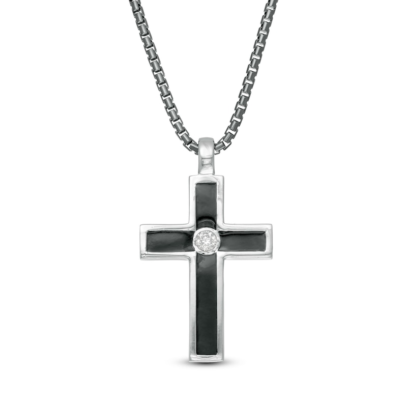 Main Image 1 of Vera Wang Men 1/6 CT. Diamond Solitaire Black Enamel Cross Pendant in Sterling Silver with Black Rhodium - 22"
