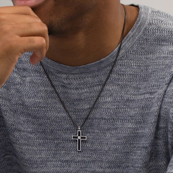 Vera Wang Men 1/6 CT. Diamond Solitaire Black Enamel Cross Pendant in Sterling Silver with Black Rhodium - 22"