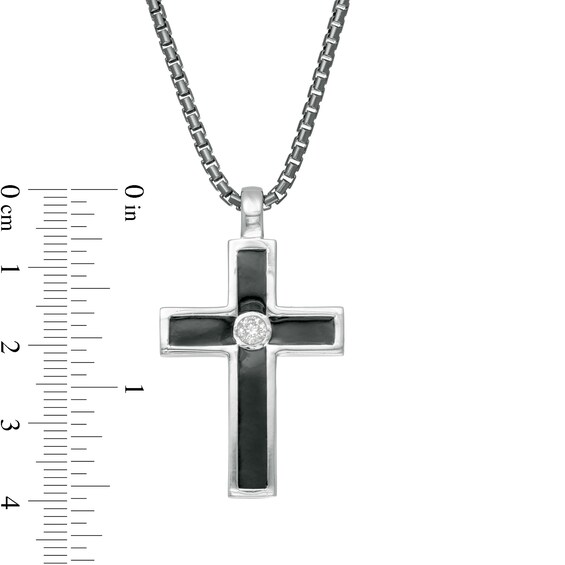 Vera Wang Men 1/6 CT. Diamond Solitaire Black Enamel Cross Pendant in Sterling Silver with Black Rhodium - 22"