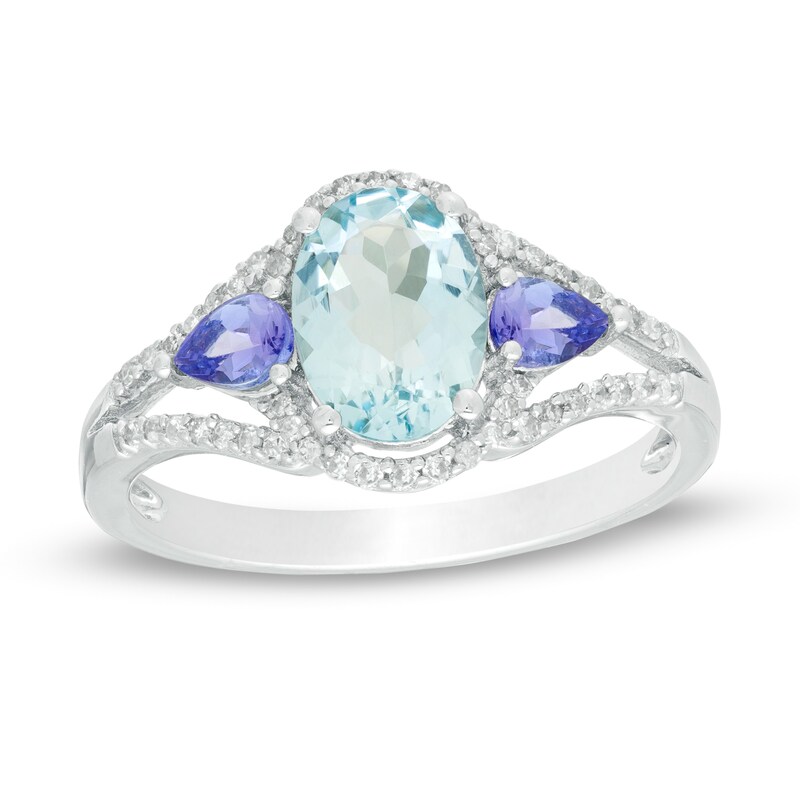 Main Image 1 of Oval Aquamarine, Pear-Shaped Tanzanite and 1/6 CT. T.W. Diamond Split Shank Ring in Sterling Silver
