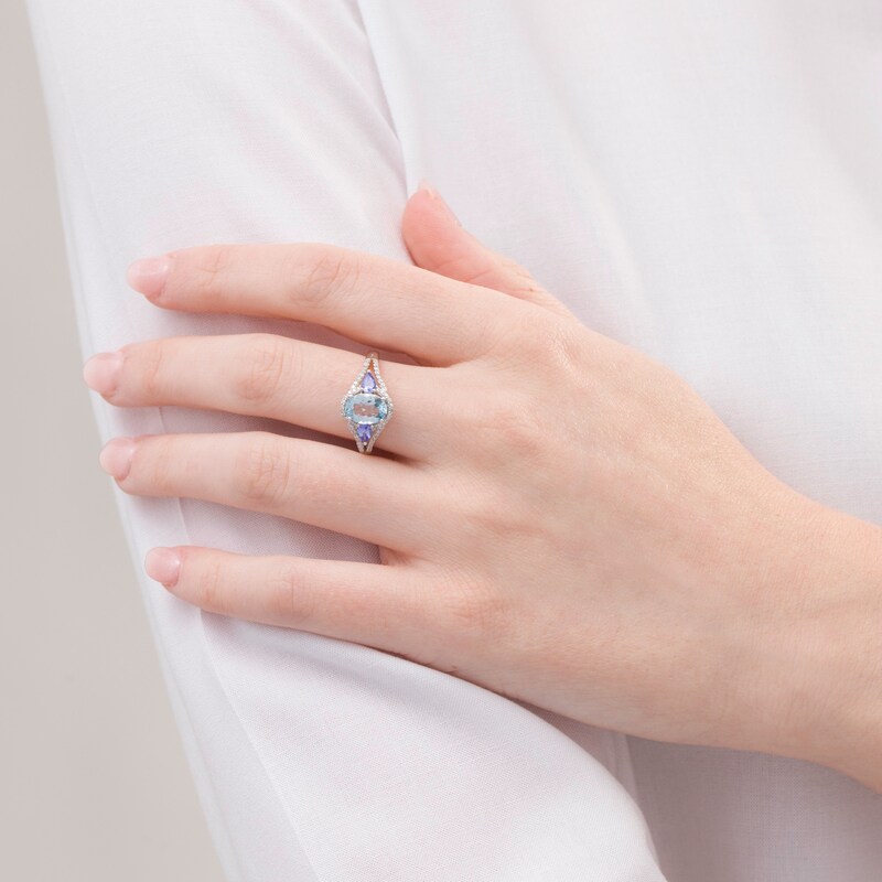 Main Image 2 of Oval Aquamarine, Pear-Shaped Tanzanite and 1/6 CT. T.W. Diamond Split Shank Ring in Sterling Silver