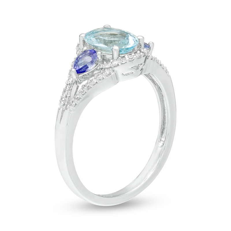 Main Image 3 of Oval Aquamarine, Pear-Shaped Tanzanite and 1/6 CT. T.W. Diamond Split Shank Ring in Sterling Silver