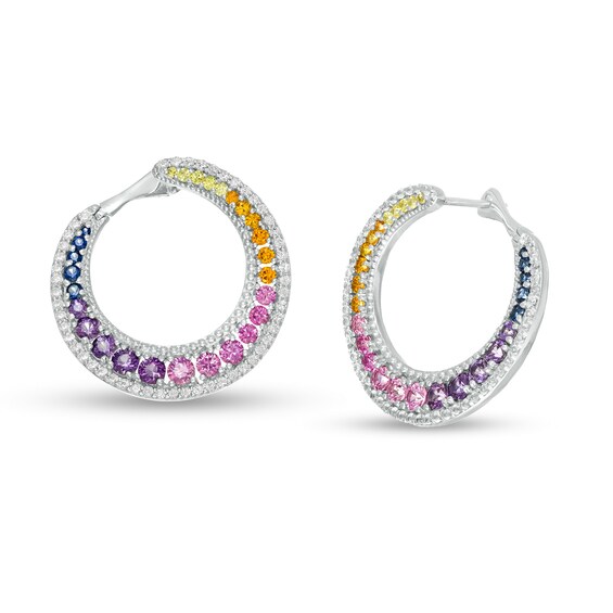 Graduated Lab-Created Multi-Color Sapphire Front Hoop Earring in Sterling Silver
