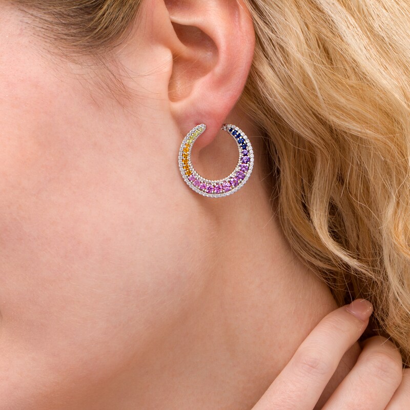 Main Image 2 of Graduated Lab-Created Multi-Color Sapphire Front Hoop Earring in Sterling Silver