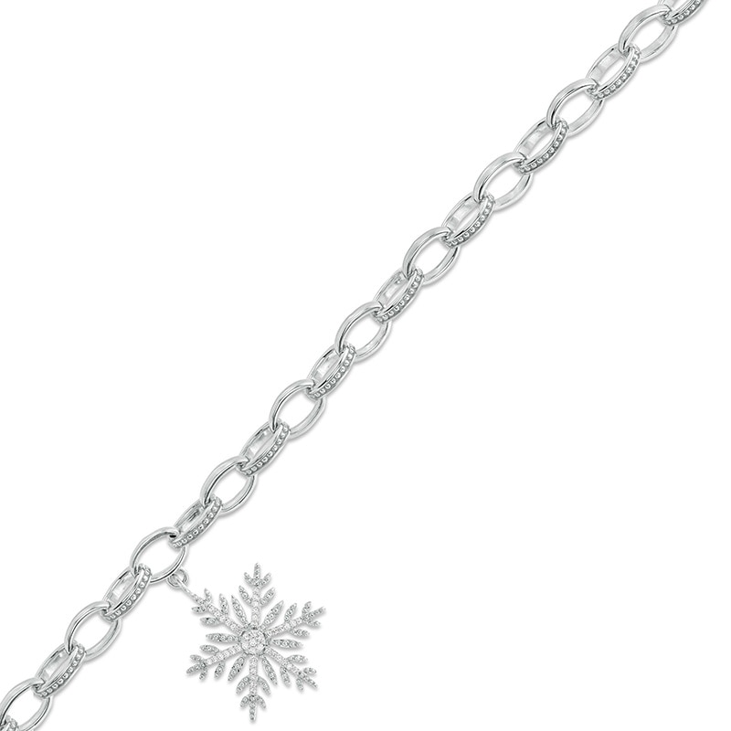 Main Image 1 of 1/10 CT. T.W. Diamond Snowflake Charm Bracelet in Sterling Silver - 7.5"