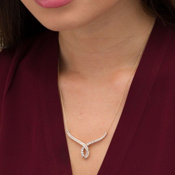 1 CT. T.w. Baguette and Round Diamond Chevron Necklace in 10K Gold