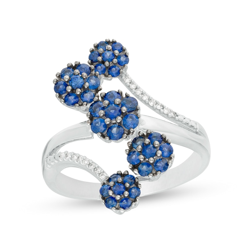Main Image 1 of Blue Sapphire and 1/20 CT. T.W. Diamond Linear Orbit Split Shank Ring in Sterling Silver