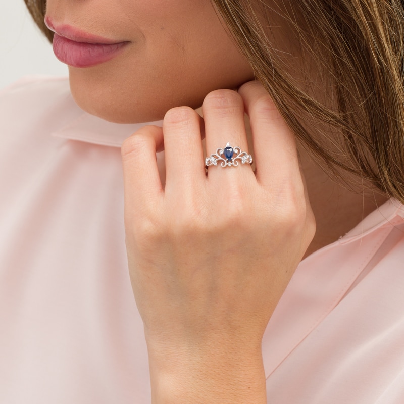 Main Image 2 of Pear-Shaped Blue Sapphire and 1/8 CT. T.W. Diamond Vintage-Style Ornate Ring in 10K White Gold