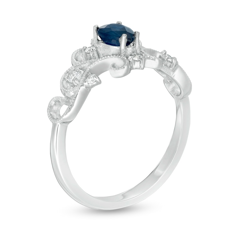 Main Image 3 of Pear-Shaped Blue Sapphire and 1/8 CT. T.W. Diamond Vintage-Style Ornate Ring in 10K White Gold