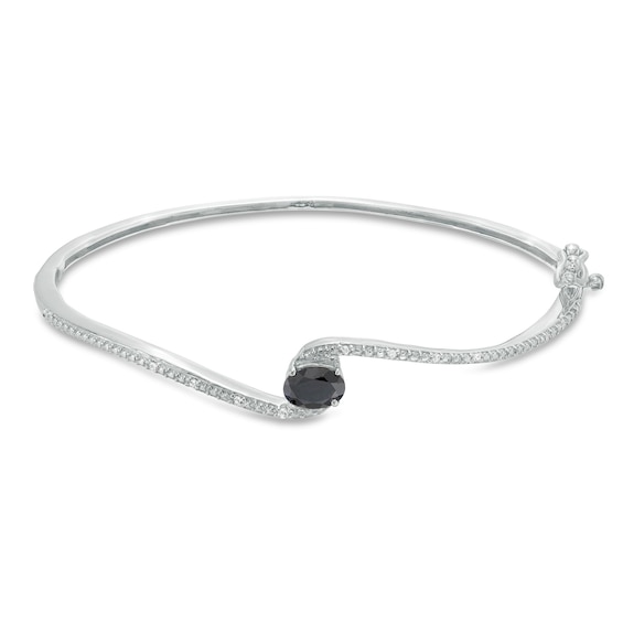 Oval Black Sapphire and 1/20 CT. T.w. Diamond Bypass Bangle in Sterling Silver