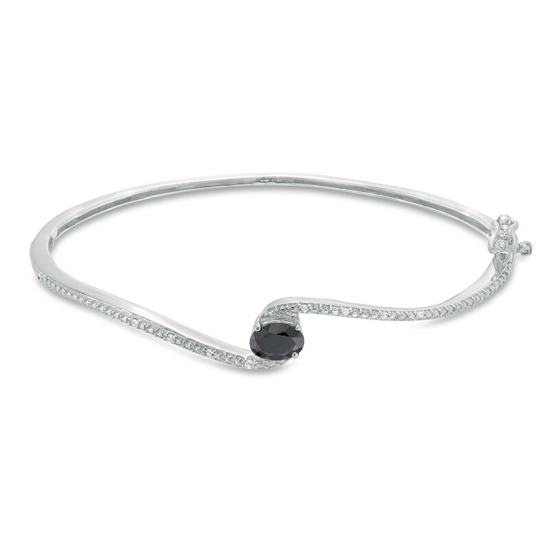 Oval Black Sapphire and 1/20 CT. T.W. Diamond Bypass Bangle in Sterling Silver