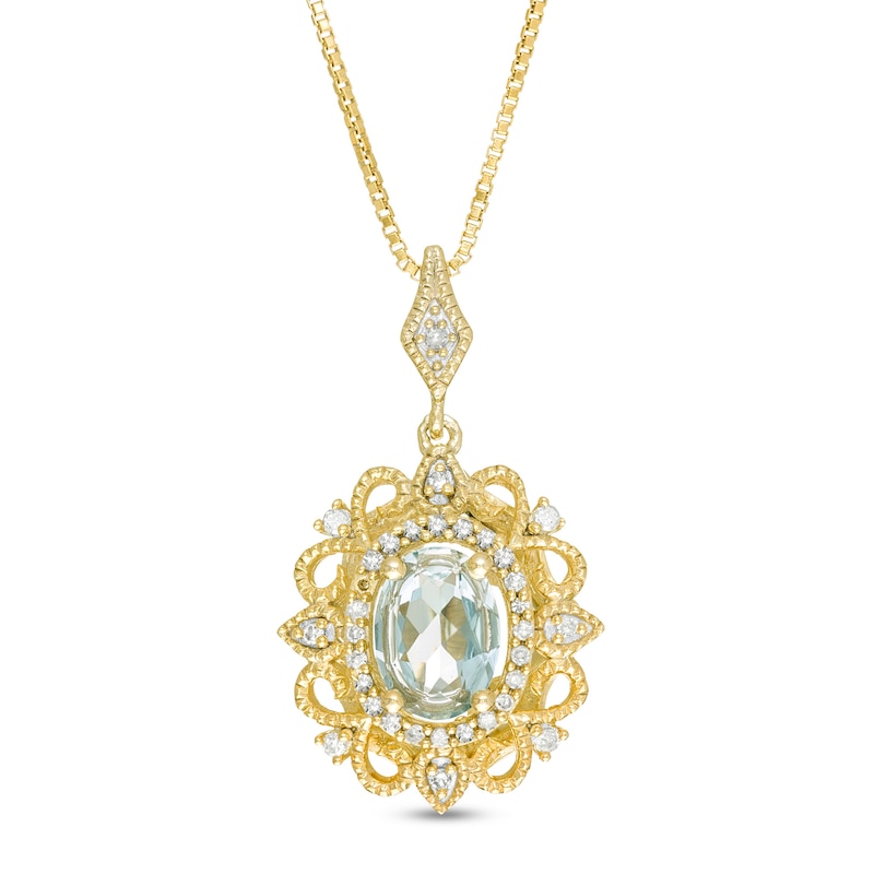 Main Image 1 of Oval Aquamarine and 1/15 CT. T.W. Diamond Vintage-Style Pendant in 10K Gold