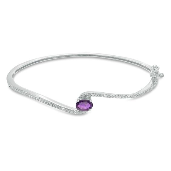 Oval Amethyst and 1/20 CT. T.w. Diamond Bypass Bangle in Sterling Silver