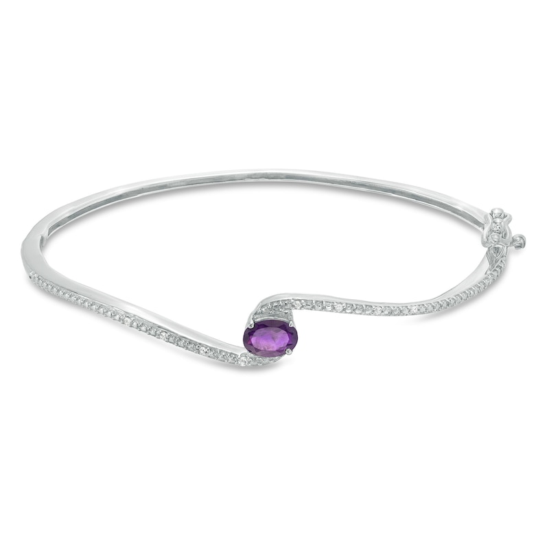 Oval Amethyst and 1/20 CT. T.W. Diamond Bypass Bangle in Sterling Silver