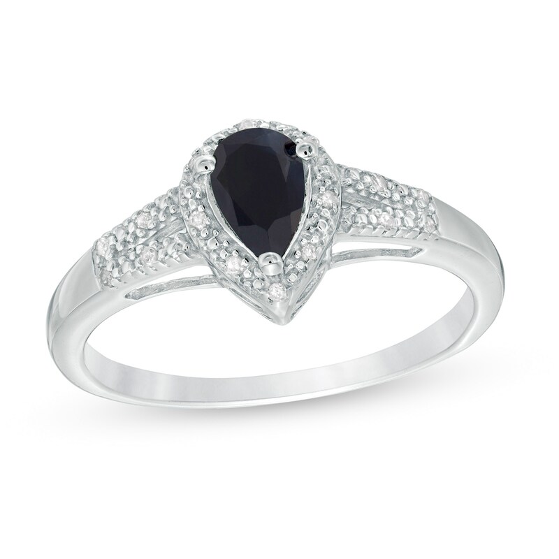 Main Image 1 of Pear-Shaped Black Sapphire and 1/20 CT. T.W. Diamond Frame Split Shank Ring in Sterling Silver